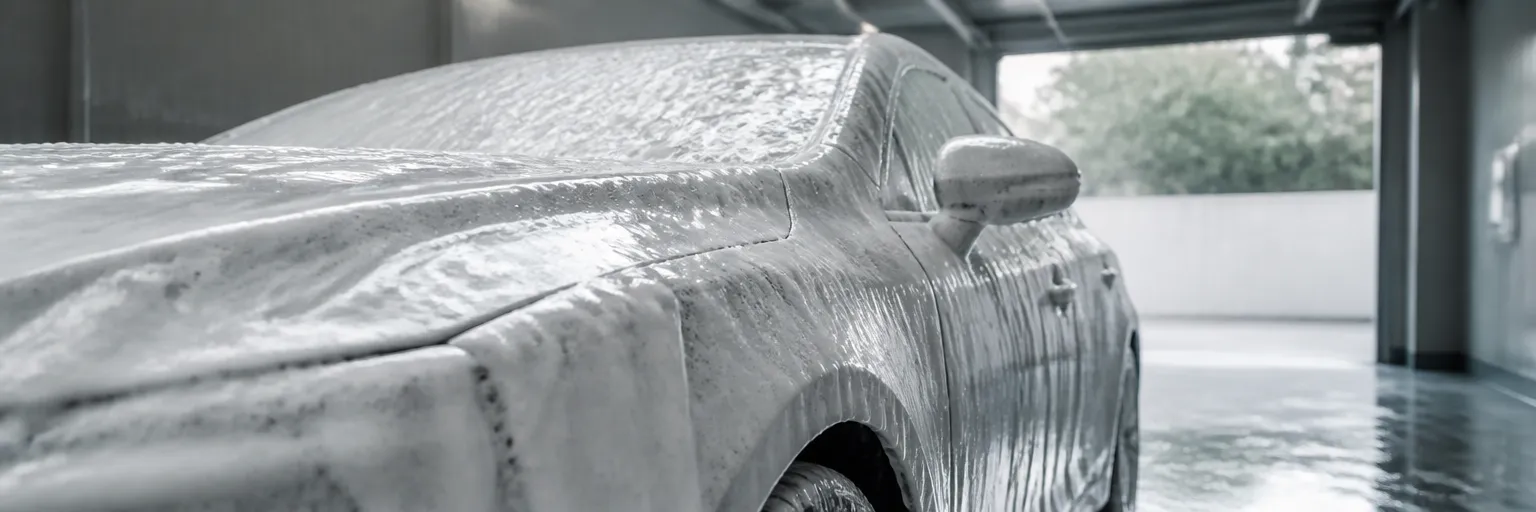 Watercolour close-up of thick white snow foam clinging to the bonnet and doors of a car in a wash bay.