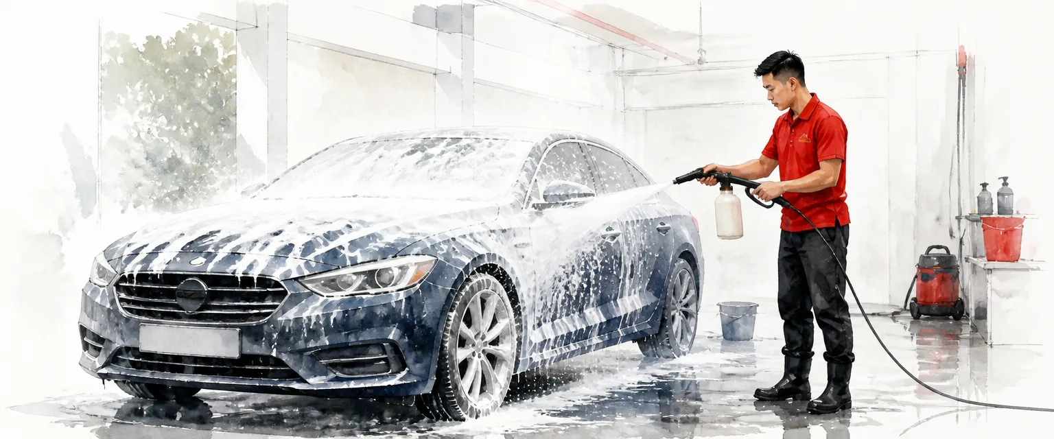 Watercolour illustration of a technician in a red polo shirt covering a dark blue saloon in thick white foam with a foam cannon.