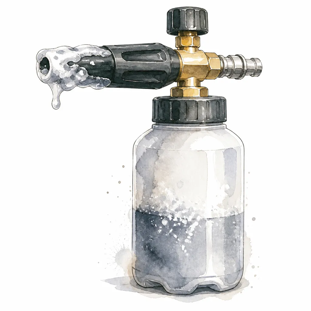 Watercolour close-up of a foam cannon bottle attachment with a brass nozzle head.