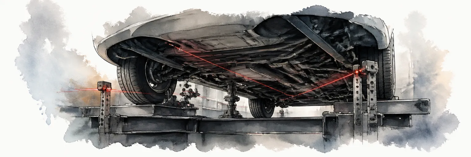 Watercolour illustration of laser measurement lines sweeping the underbody of a car mounted on a frame jig.