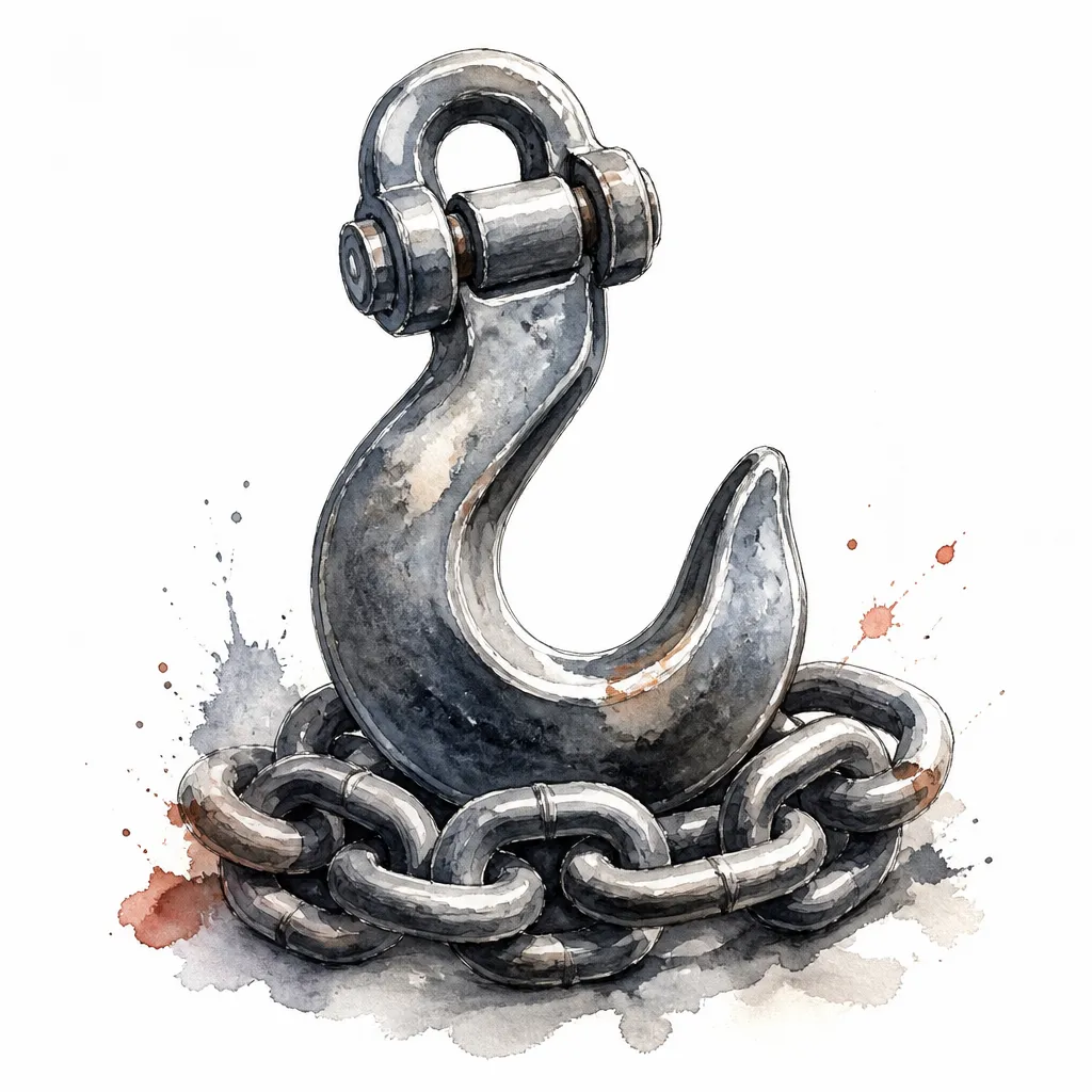 Watercolour close-up of a forged steel pulling hook with a coiled length of heavy chain.