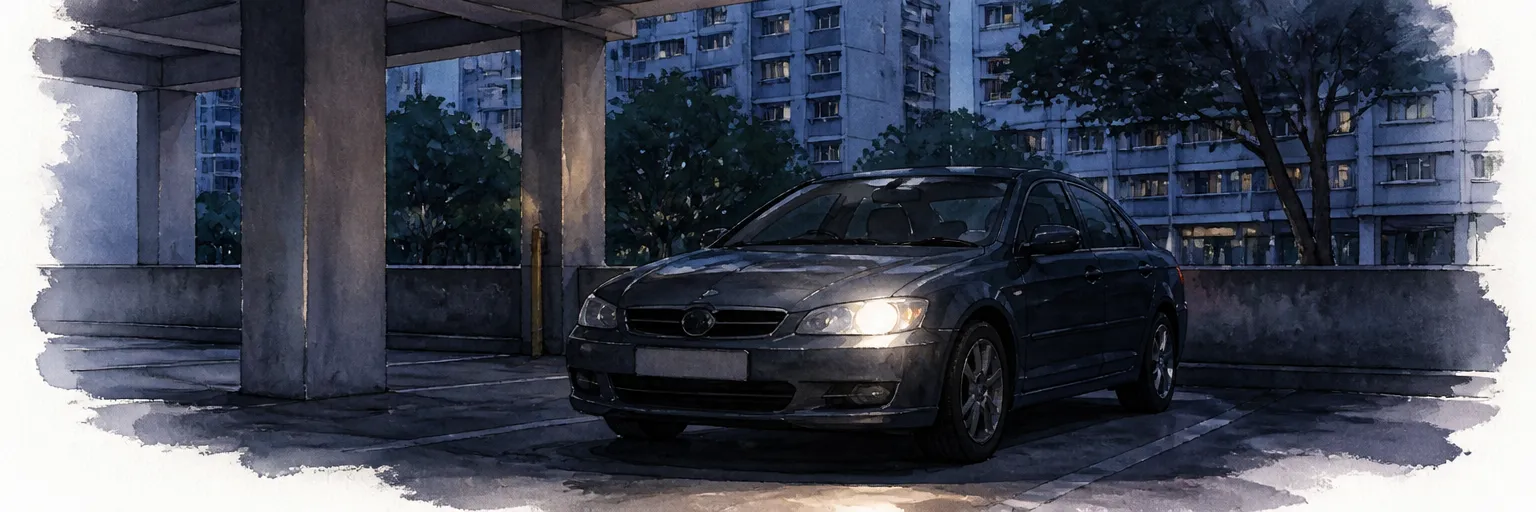 Watercolour illustration of a saloon at dusk in an HDB carpark with one headlight lit and the other dark.