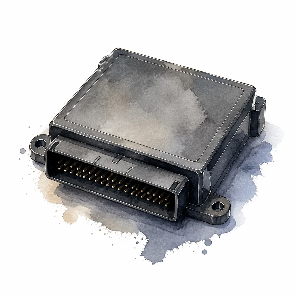 Watercolour close-up of a small black electronic control module with a multi-pin connector.