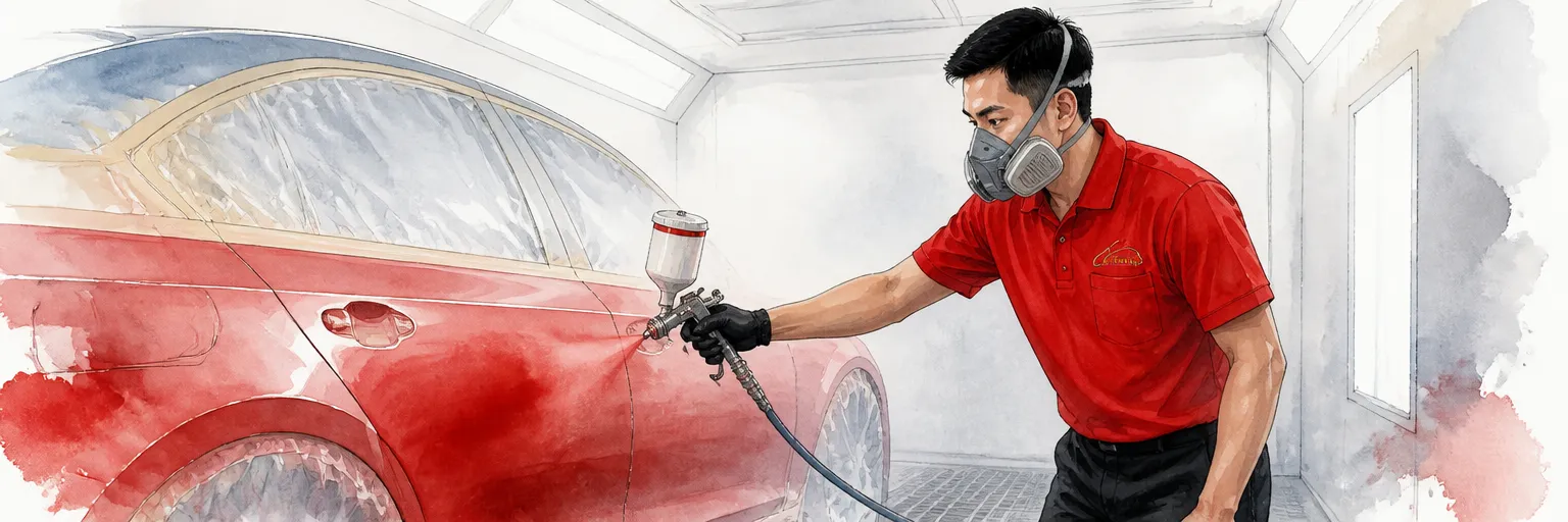 Watercolour illustration of a technician in a red polo shirt spraying a masked car inside a dust-free booth.