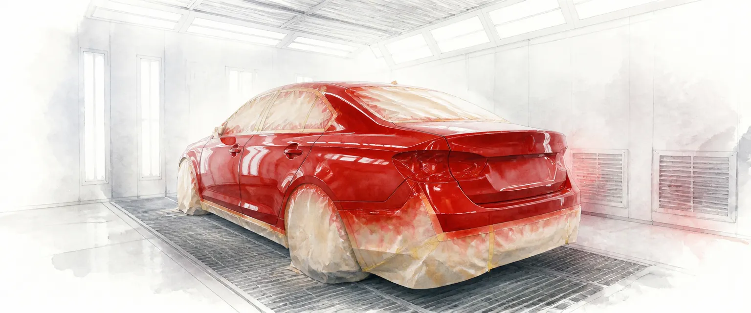 Watercolour illustration of a masked car in a bright spray booth with fresh deep red paint gleaming on its panels.