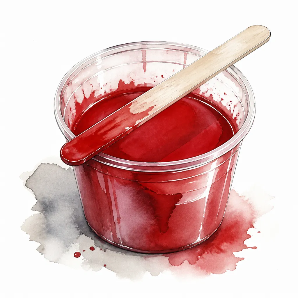 Watercolour close-up of a mixing cup of deep red paint with a stirring stick across the rim.