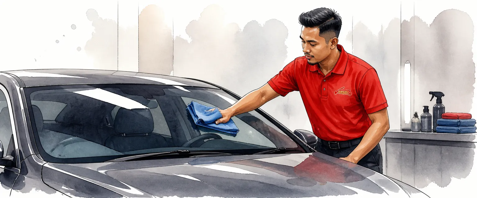 Watercolour illustration of a technician in a red polo shirt wiping a windscreen to a streak-free finish with a microfibre cloth.