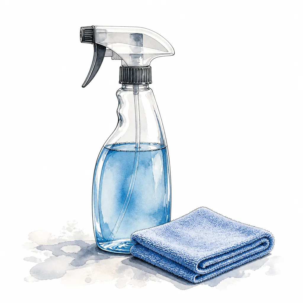 Watercolour close-up of a glass cleaner spray bottle beside a folded blue microfibre cloth.