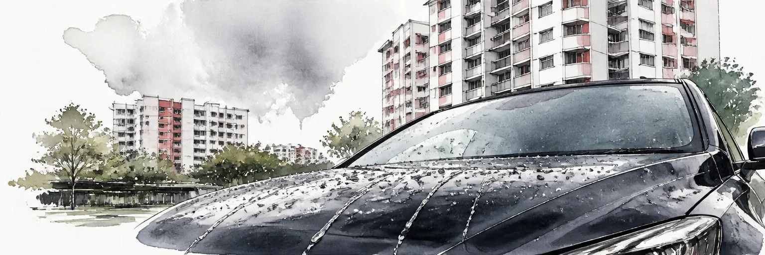 Watercolour illustration of rain beading tightly on the coated bonnet of a dark car parked near HDB blocks.