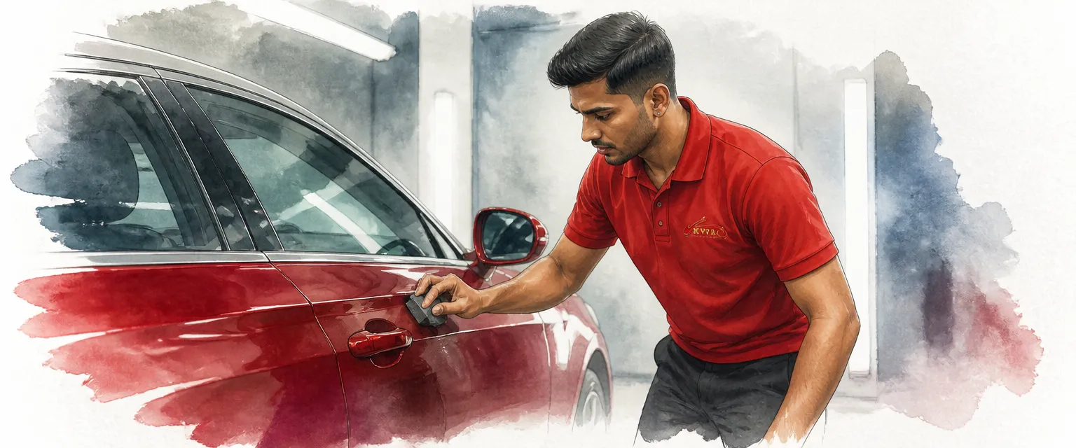 Watercolour illustration of a technician in a red polo shirt applying glass coating to the door of a deep red saloon with an applicator block.