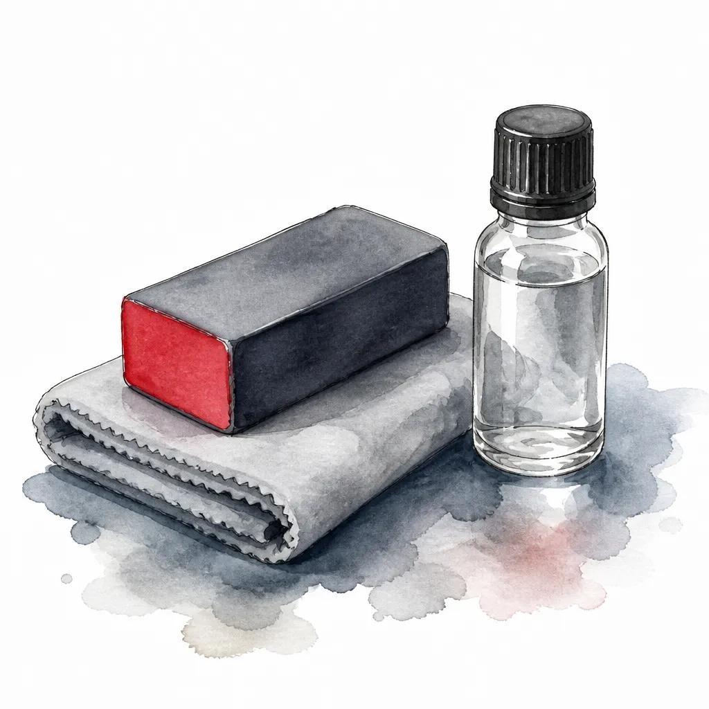 Watercolour close-up of a small glass coating bottle beside a suede-wrapped applicator block.