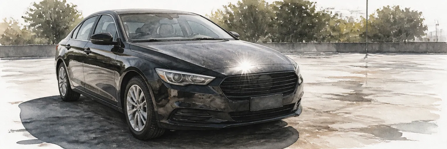Watercolour illustration of harsh sunlight revealing faint swirl marks on a black car bonnet in an open lot.