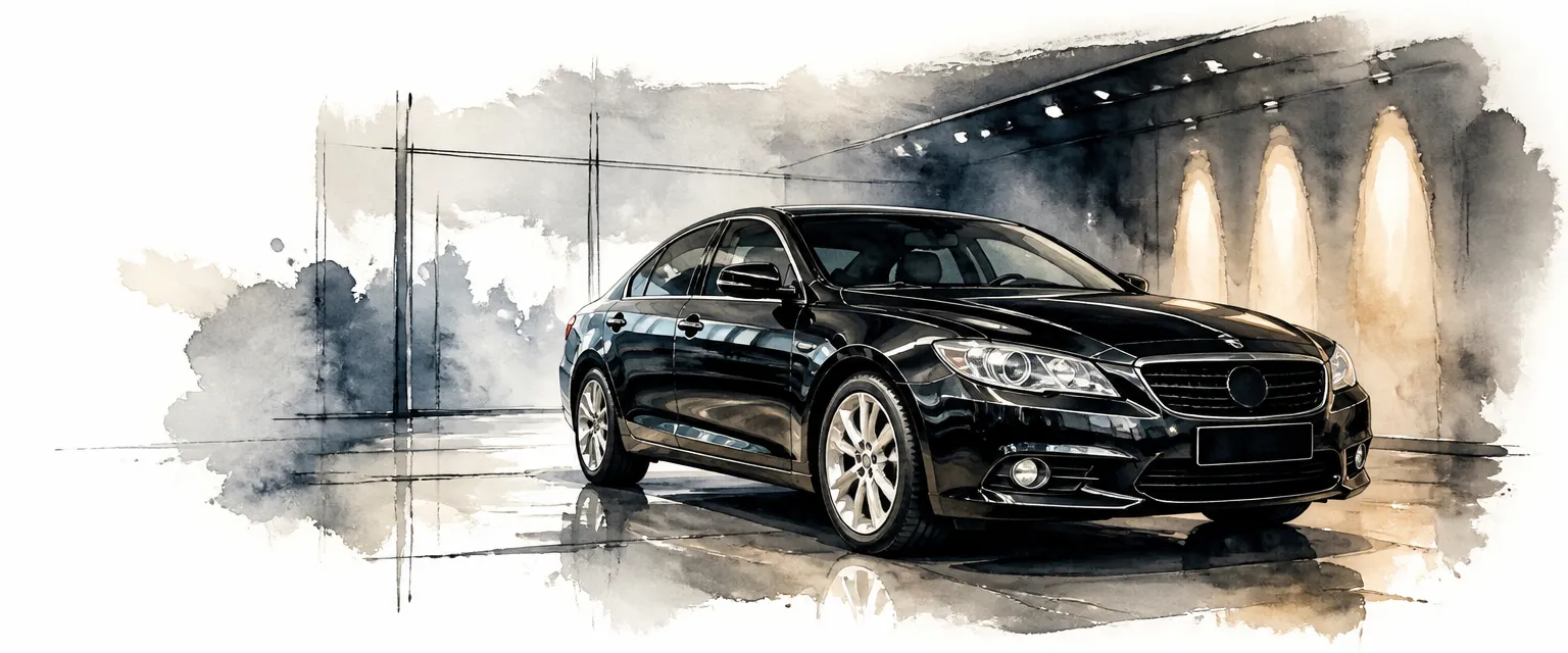 Watercolour illustration of a black saloon with a deep wet look shine under soft indoor display lighting.