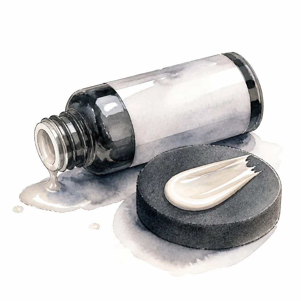 Watercolour close-up of a bottle of glaze beside a foam applicator pad with creamy product on it.