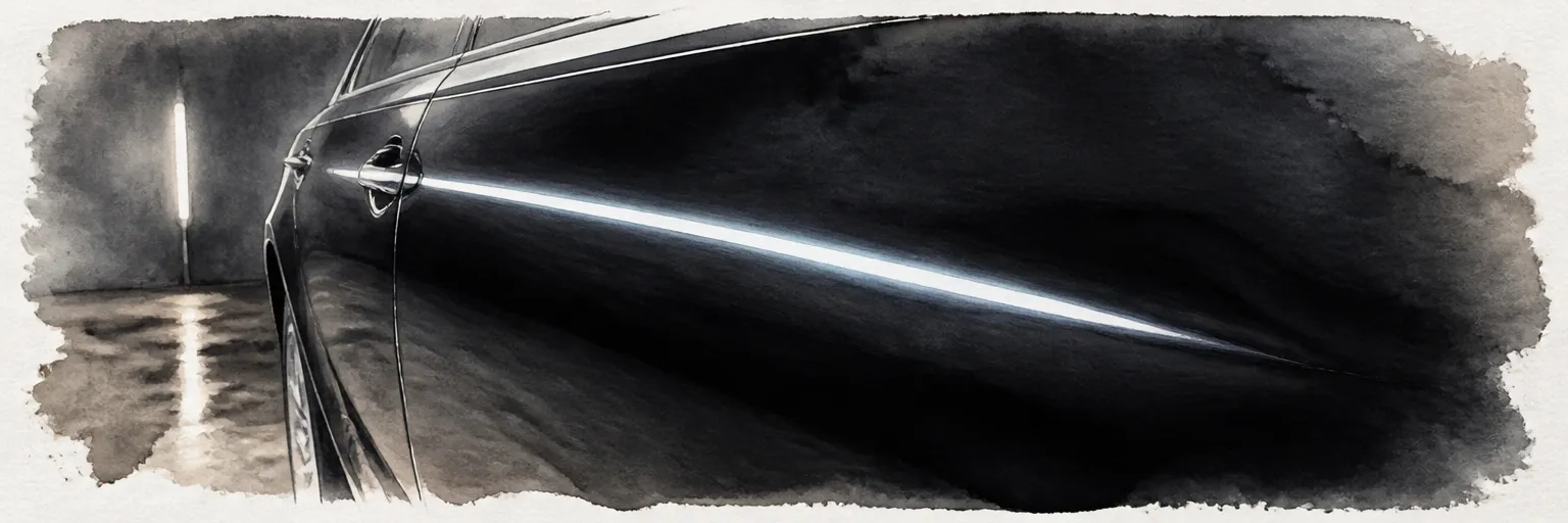 Watercolour close-up of a focused light beam reflecting sharply off a freshly corrected black car panel.
