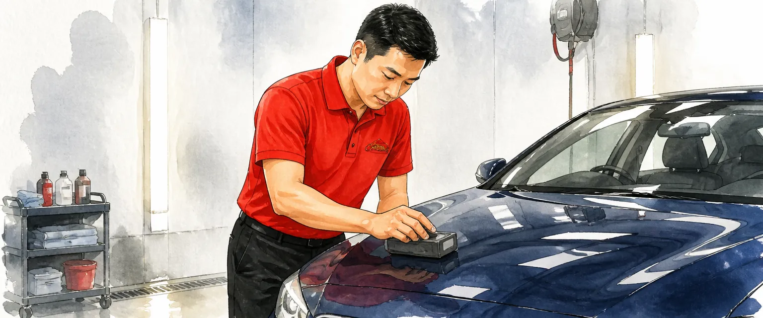 Watercolour illustration of a technician in a red polo shirt holding a gloss meter against the polished bonnet of a dark blue saloon.