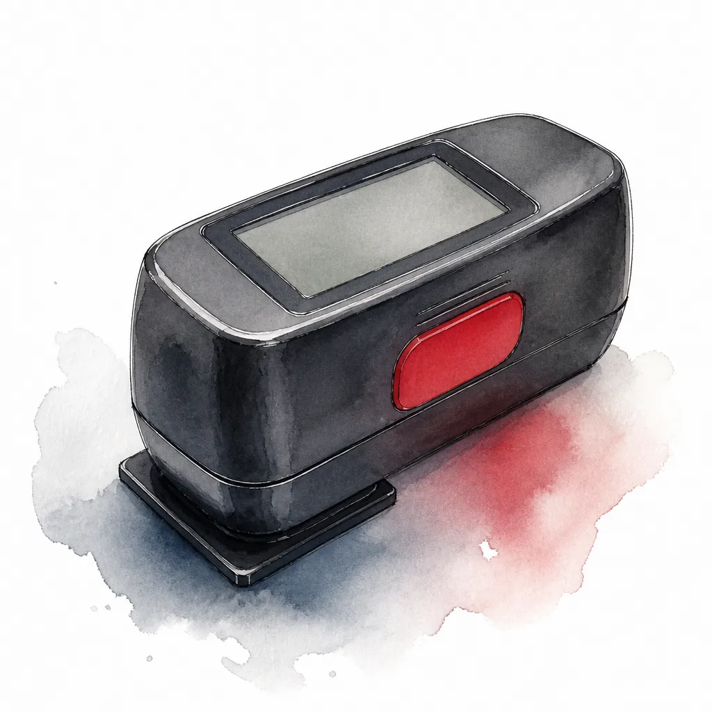 Watercolour close-up of a handheld gloss meter instrument with a blank display.