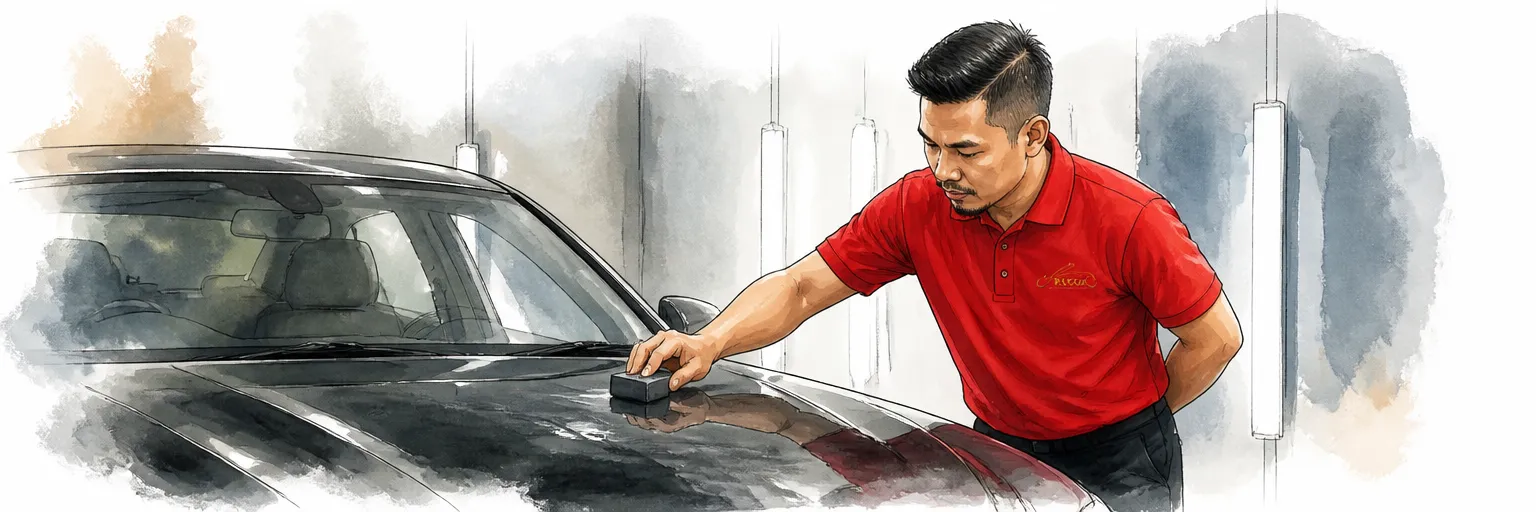 Watercolour illustration of a technician in a red polo shirt applying coating to a black bonnet in a climate-controlled bay.