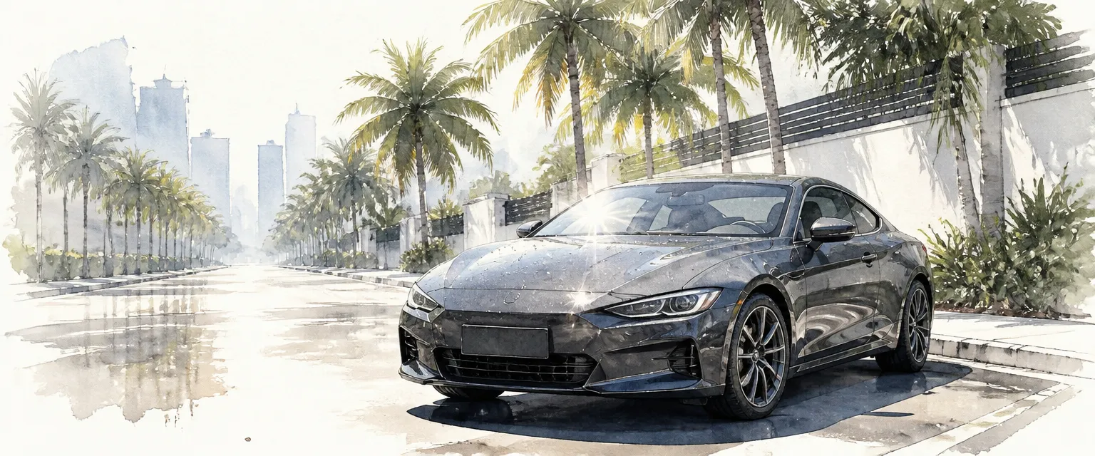Watercolour illustration of a dark grey coupe in blazing sun with water beading neatly on its coated bonnet.
