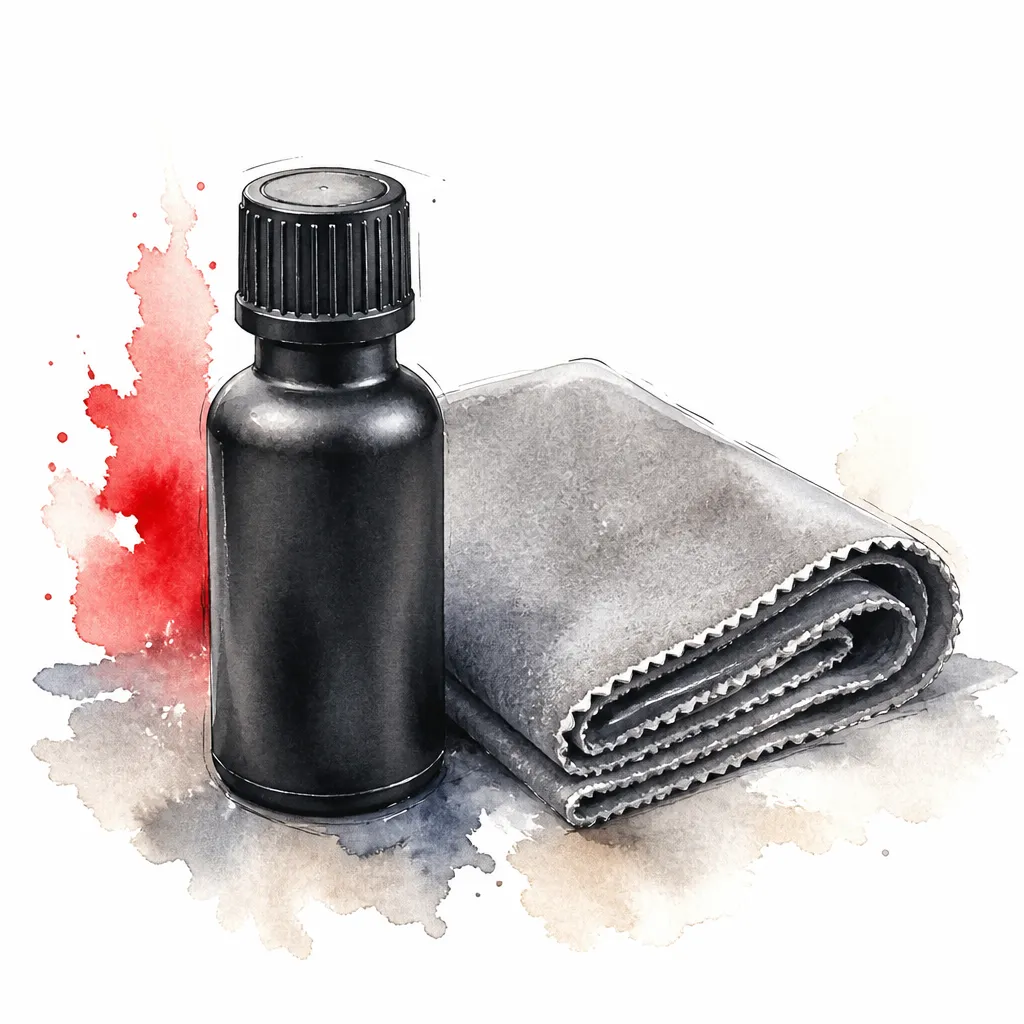 Watercolour close-up of a matte black coating bottle beside a folded suede applicator cloth.