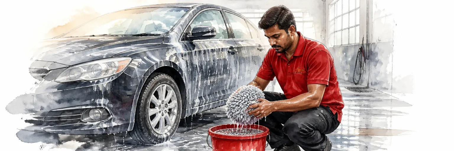 Watercolour illustration of a technician in a red polo shirt rinsing a wash mitt against a grit guard inside a bucket.