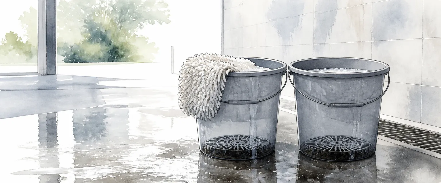 Watercolour illustration of two wash buckets with a mitt on the rim and a grit guard grille trapping dirt at the bottom.