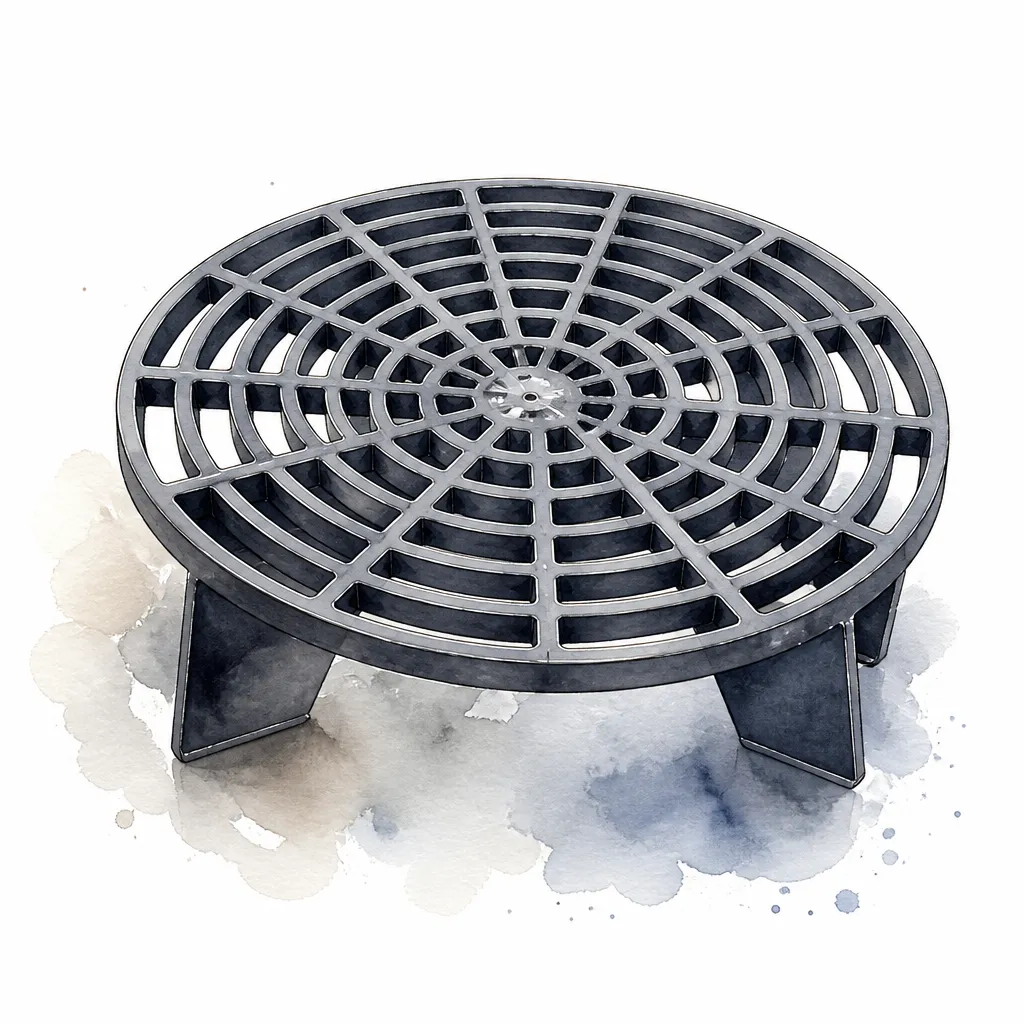 Watercolour close-up of a round slotted plastic grit guard grille with raised feet.