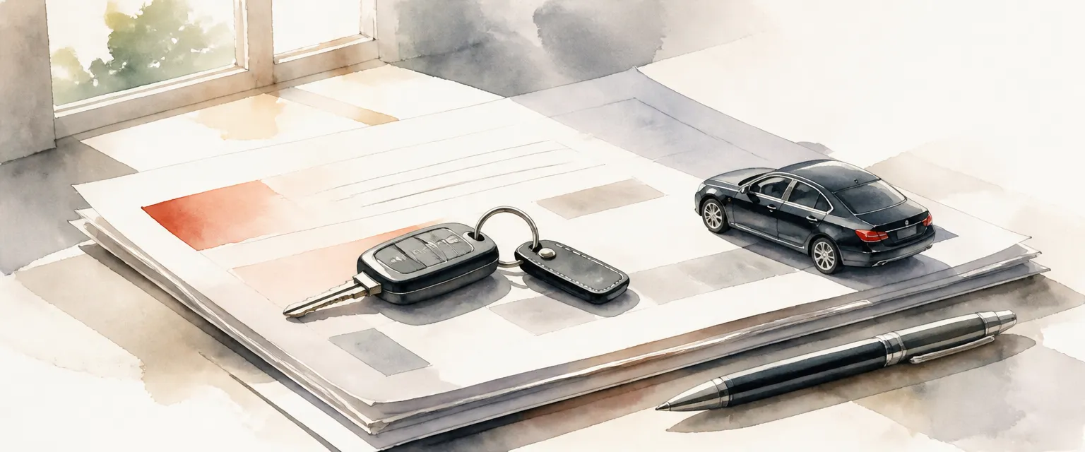 Watercolour illustration of car keys and a toy car resting on abstract paperwork in warm window light.