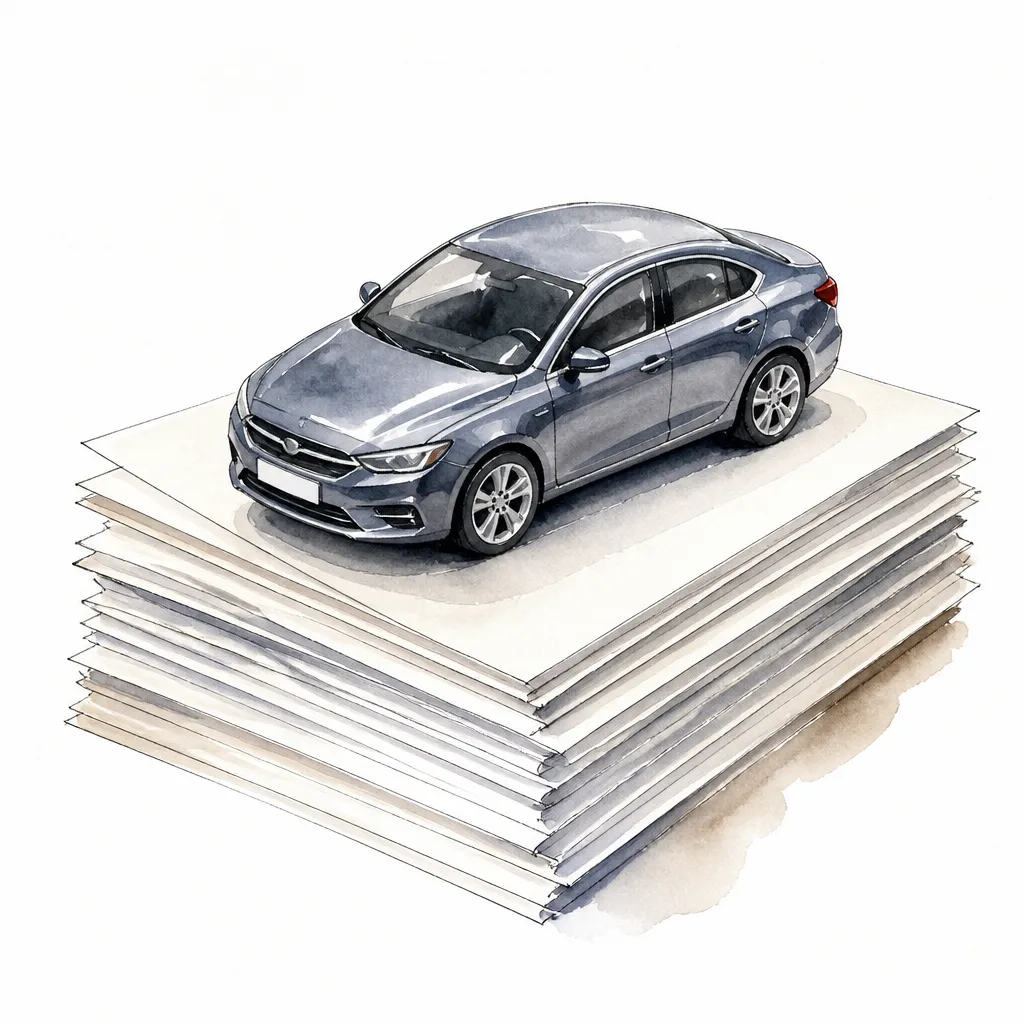 Watercolour close-up of a toy scale saloon car resting on a stack of plain paper sheets.