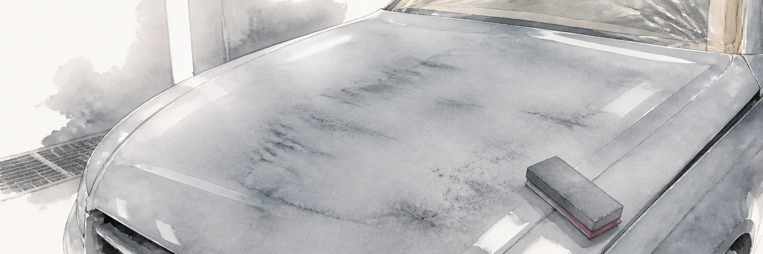 Watercolour close-up of dark guide coat traces lingering in the low spots of a block sanded primer panel.