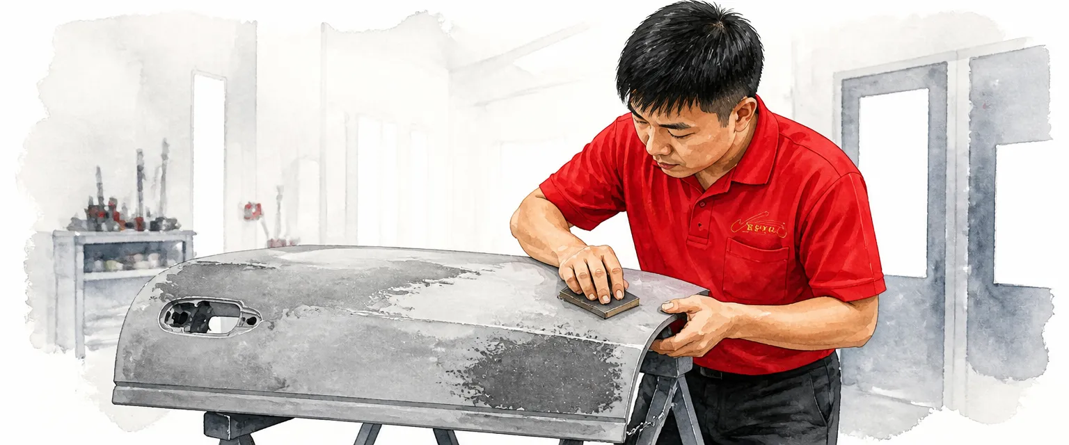 Watercolour illustration of a technician in a red polo shirt block sanding a primed panel dusted with dark guide coat powder.