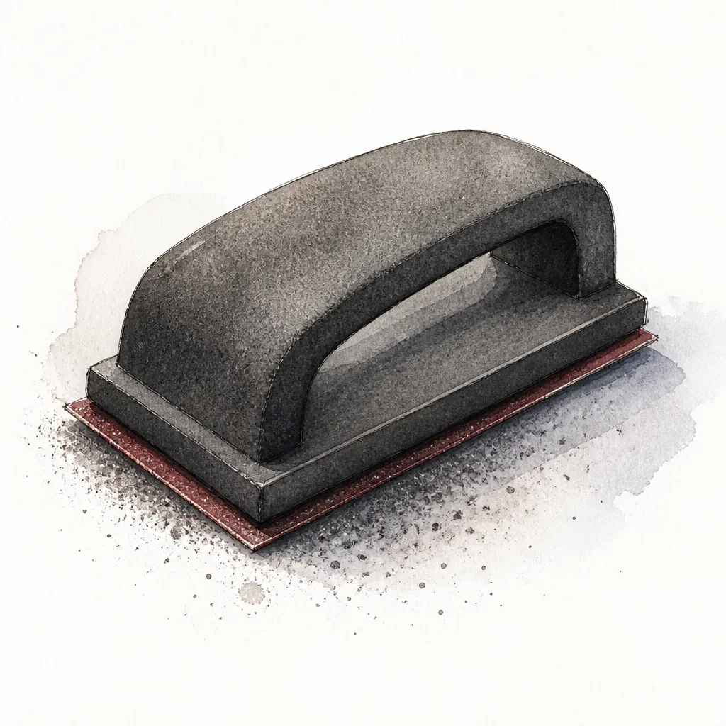 Watercolour close-up of a sanding block with fine sandpaper dusted in dark powder.