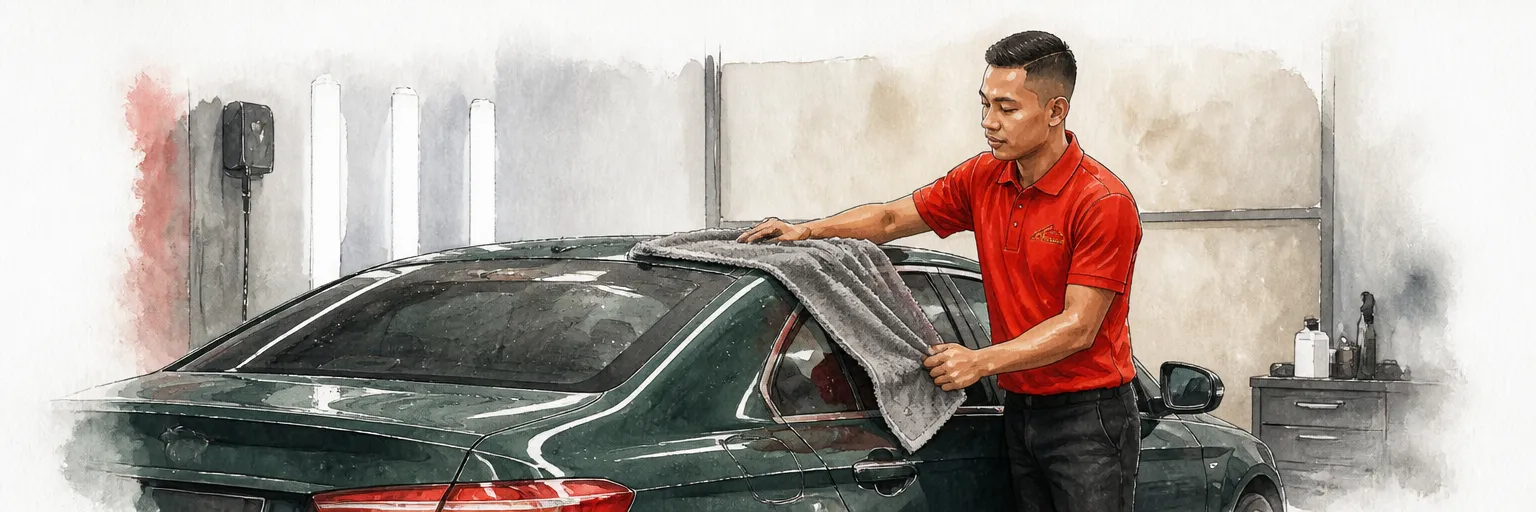 Watercolour illustration of a technician in a red polo shirt hand drying the roof of a dark green saloon with a plush towel.
