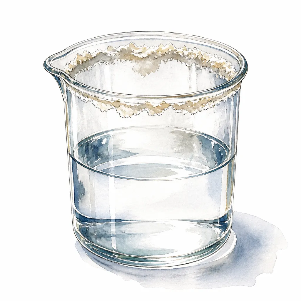 Watercolour close-up of a glass beaker of water with a crusty mineral ring inside the rim.