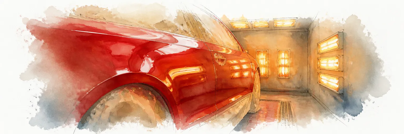 Watercolour illustration of a freshly sprayed panel curing under warm amber oven lamps in a spray booth.