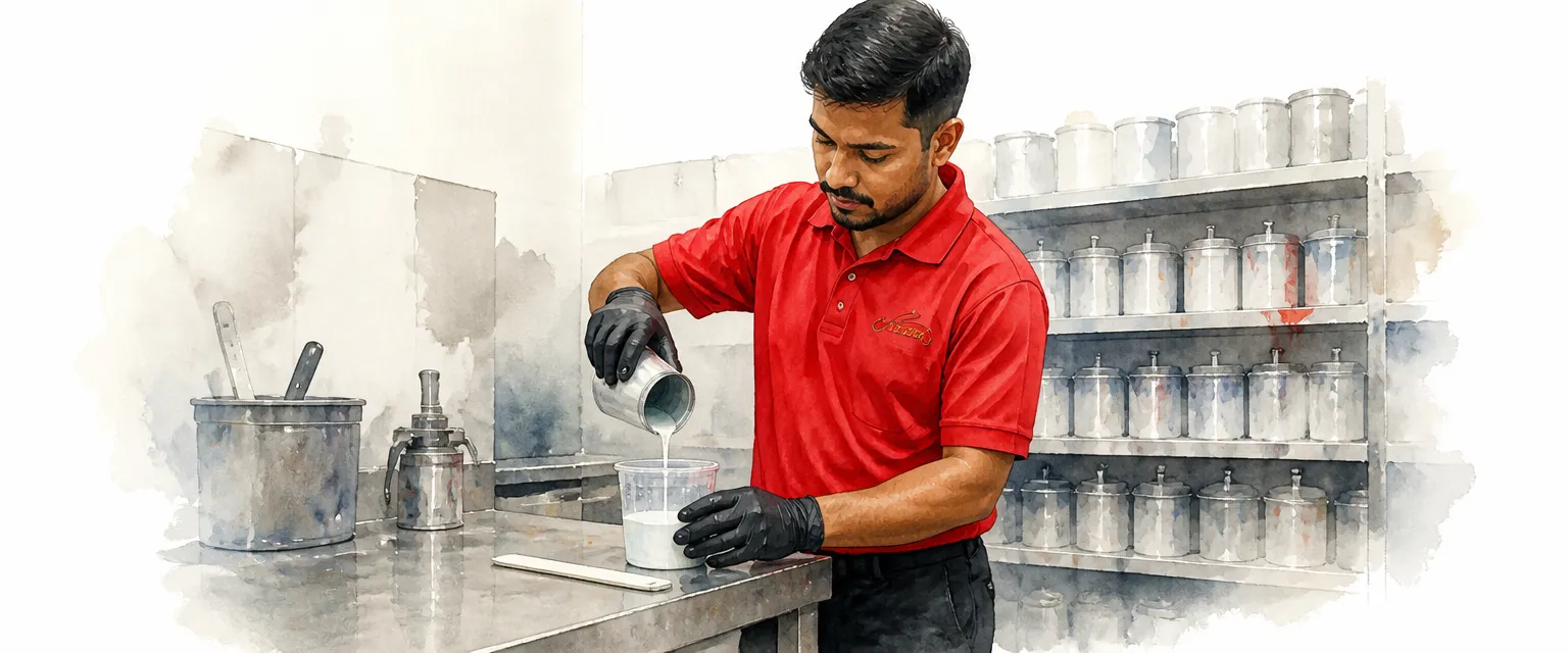 Watercolour illustration of a technician in a red polo shirt pouring hardener into a mixing cup of paint in a mixing room.
