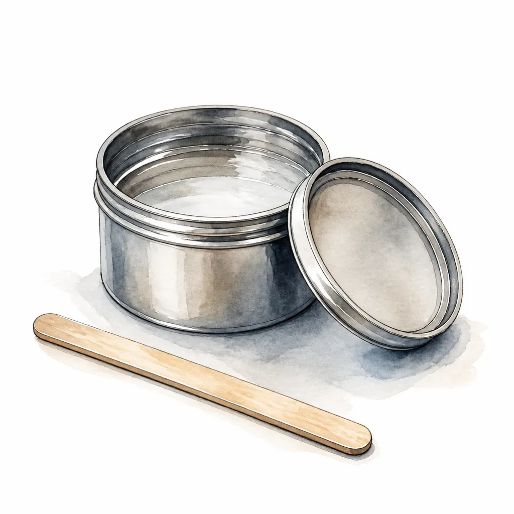 Watercolour close-up of an open tin of hardener with its lid and a stirring stick beside it.