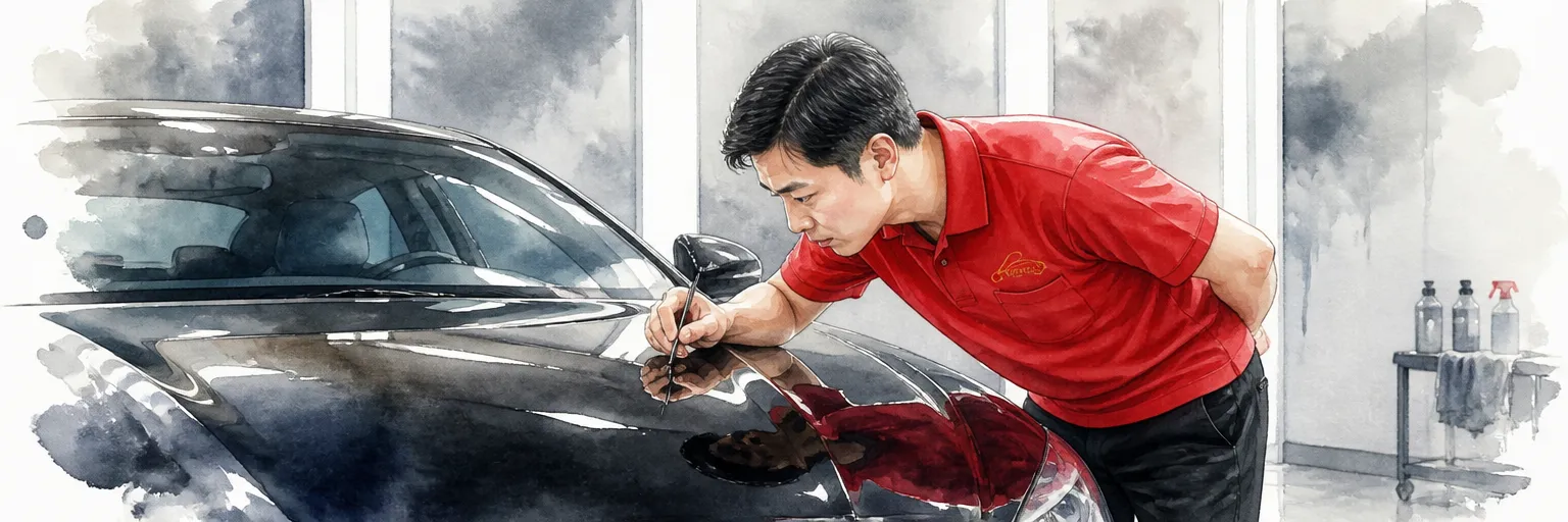 Watercolour illustration of a technician in a red polo shirt testing a coated bonnet with a pencil held at a shallow angle.