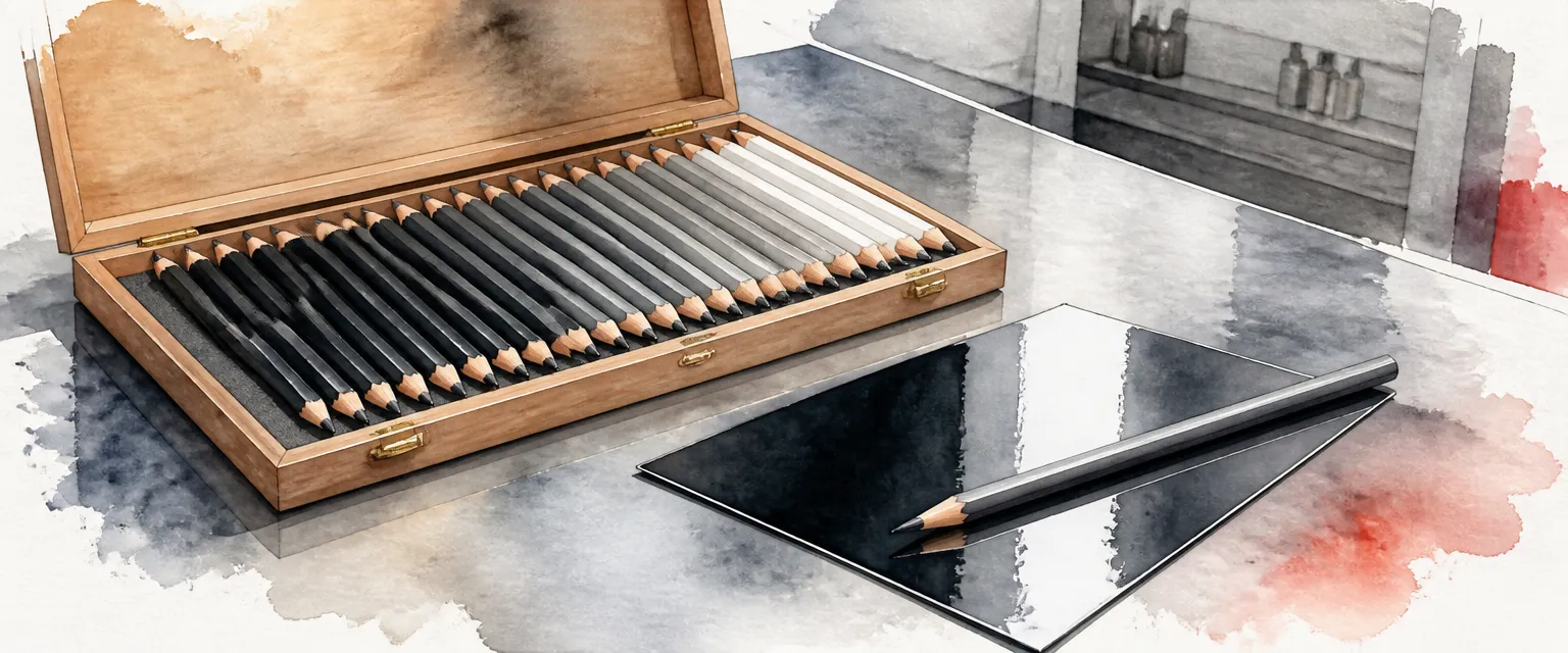 Watercolour illustration of a case of plain graded pencils beside a glossy black coated test panel on a workshop bench.