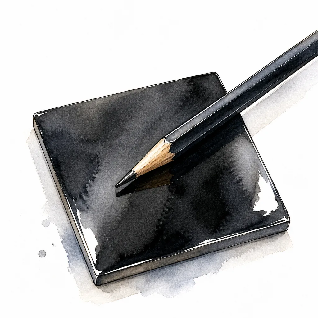 Watercolour close-up of a sharpened pencil resting across a glossy black coated panel swatch.