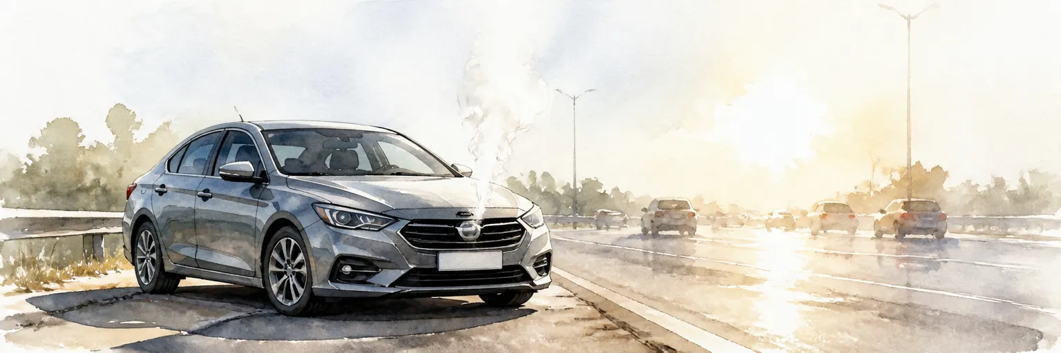 Watercolour illustration of a grey saloon at the roadside with steam wisping from the bonnet in afternoon heat.