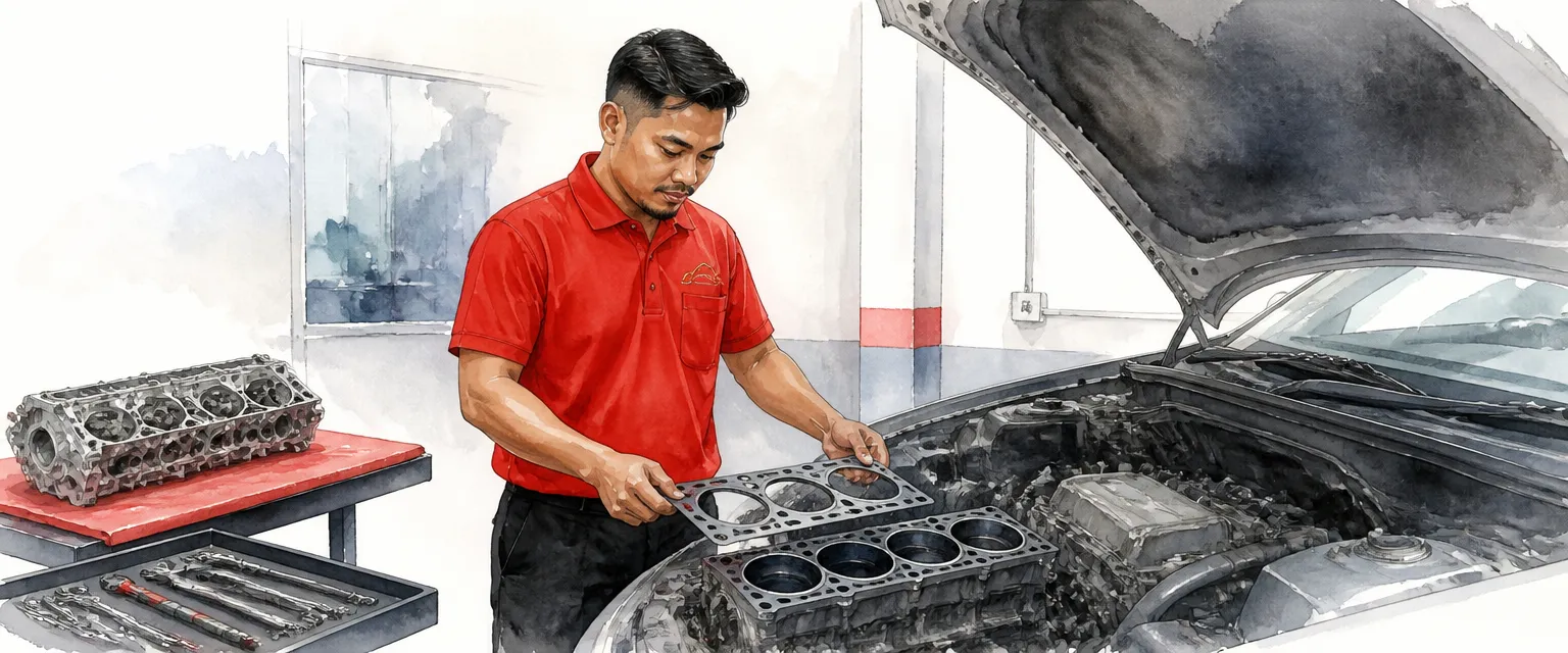 Watercolour illustration of a technician in a red polo shirt fitting a steel head gasket onto an open engine block.