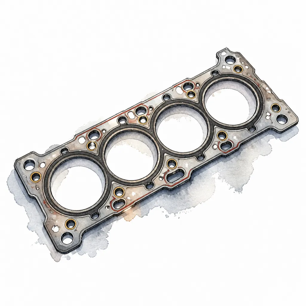 Watercolour close-up of a multi-layer steel head gasket with its round cylinder openings.