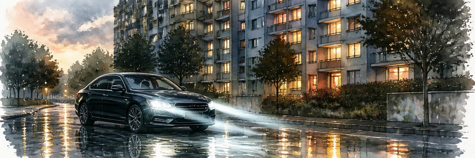 Watercolour illustration of a dark saloon at dusk casting clean bright headlight beams on a wet street.