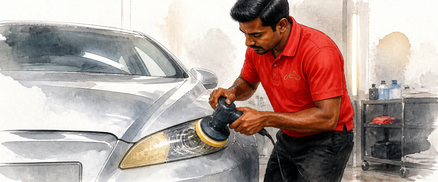 Watercolour illustration of a technician in a red polo shirt polishing a hazy headlight lens back to clarity on a silver saloon.