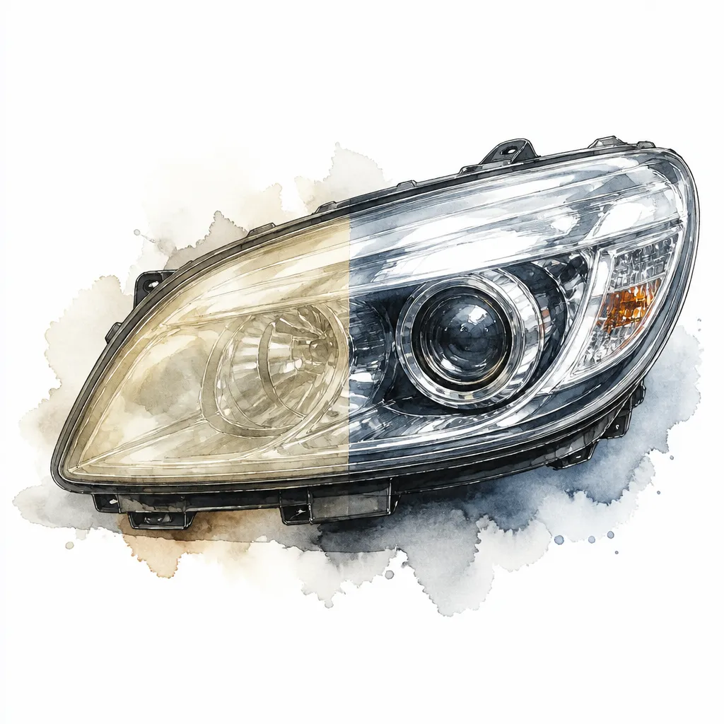 Watercolour close-up of a car headlight with one half yellowed and the other polished clear.