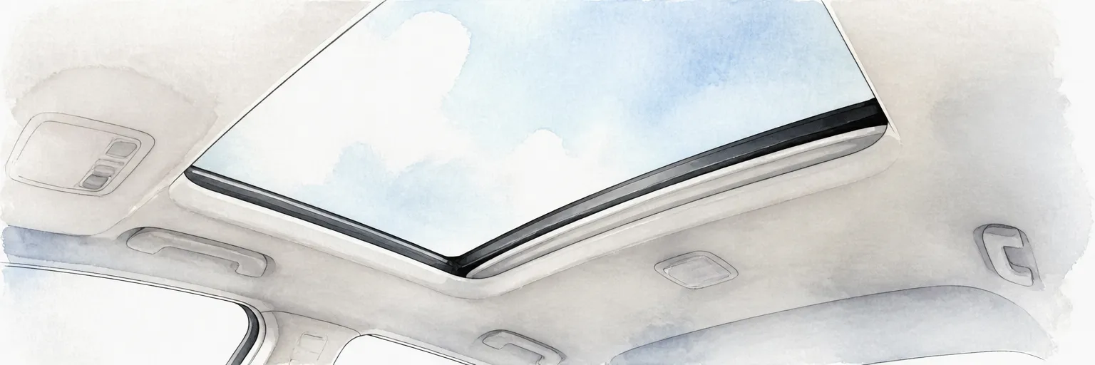 Watercolour illustration of soft daylight pouring through a sunroof onto a clean pale car headliner.