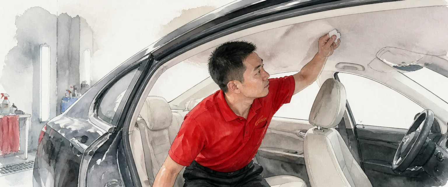 Watercolour illustration of a technician in a red polo shirt gently blotting a car's fabric headliner with a small pad.