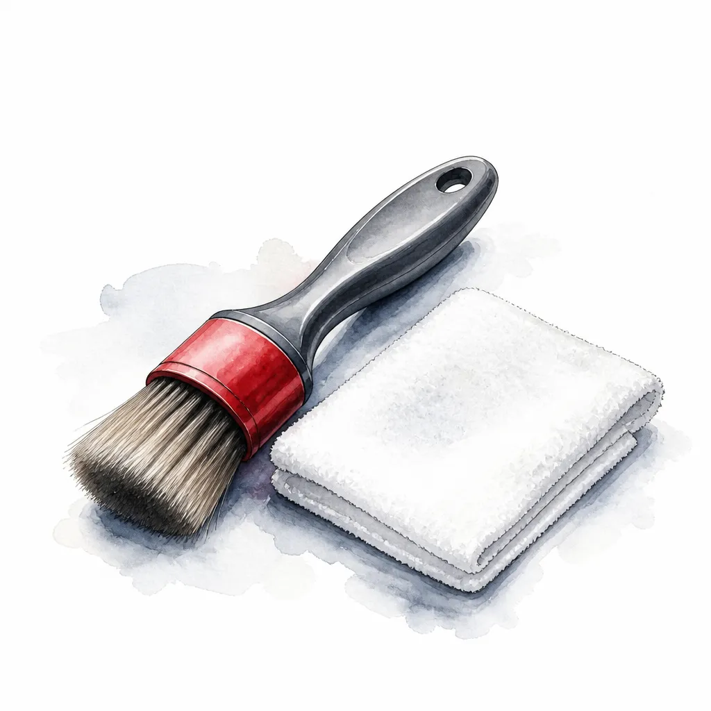 Watercolour close-up of a soft upholstery brush beside a folded white microfibre pad.