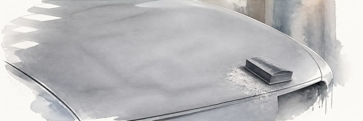 Watercolour close-up of a block sanded primer bonnet reading flat under raking workshop light.